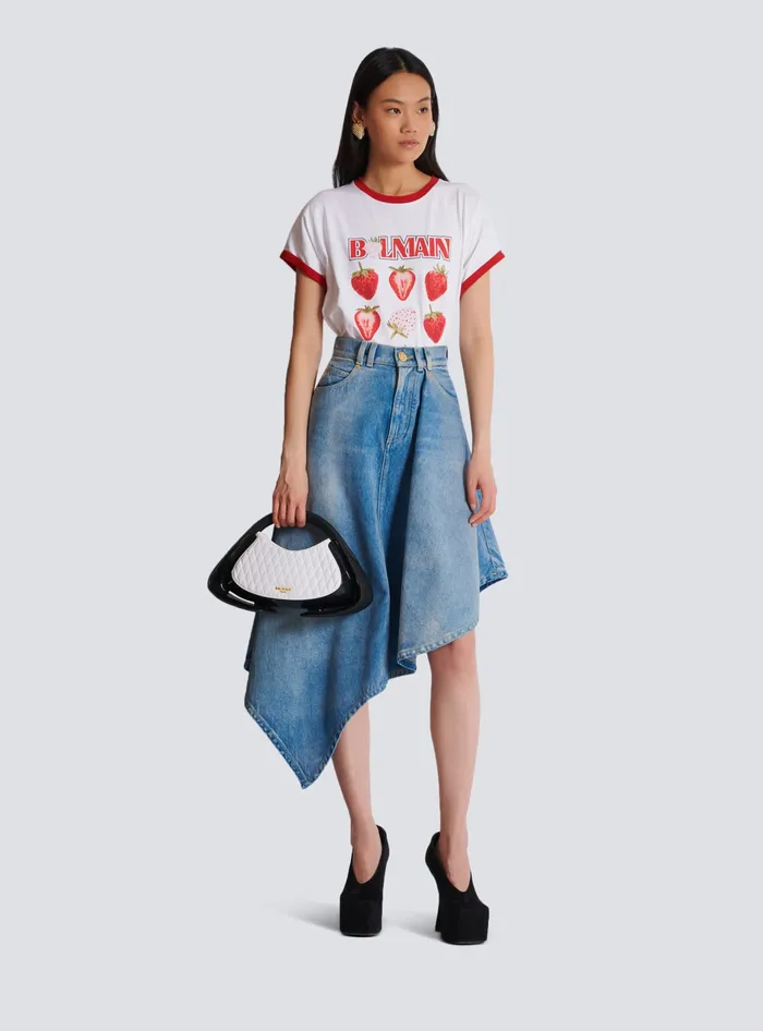 Balmain Denim Women Pleated Asymmetric Denim Skirt Blue