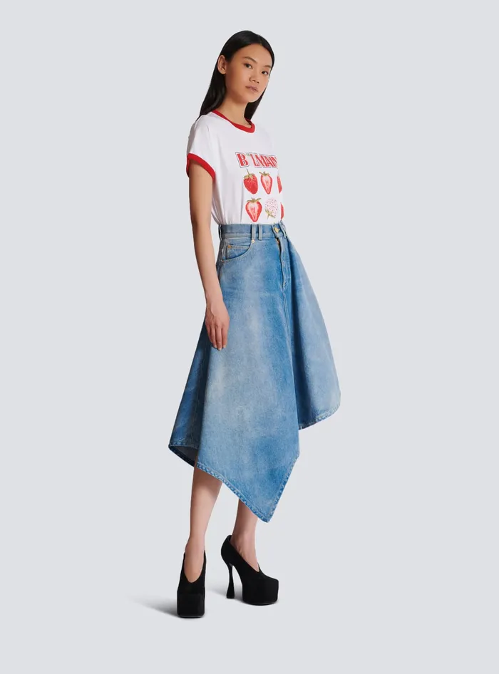 Balmain Denim Women Pleated Asymmetric Denim Skirt Blue