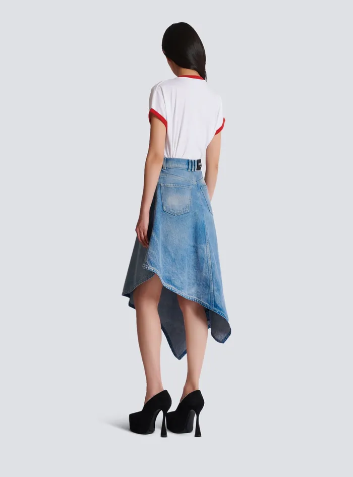 Balmain Denim Women Pleated Asymmetric Denim Skirt Blue