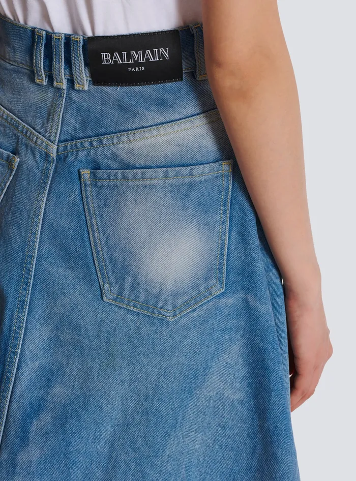 Balmain Denim Women Pleated Asymmetric Denim Skirt Blue