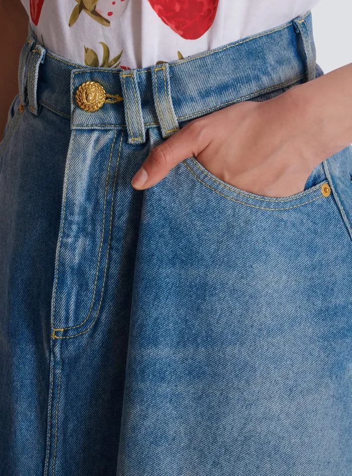 Balmain Denim Women Pleated Asymmetric Denim Skirt Blue