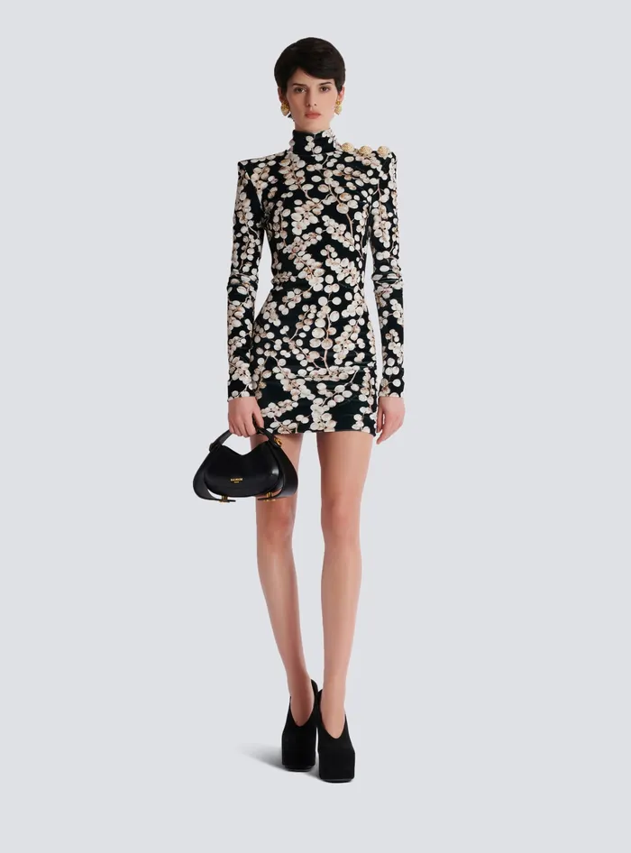Balmain Dresses Women Backless Velvet Dress With Redcurrant Print Black