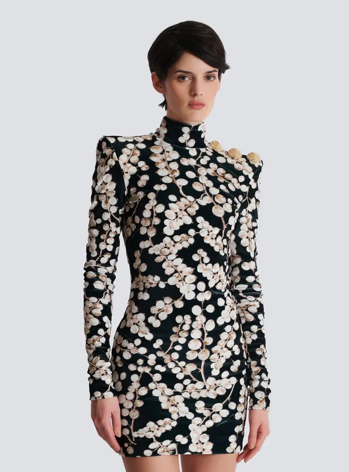 Balmain Dresses Women Backless Velvet Dress With Redcurrant Print Black