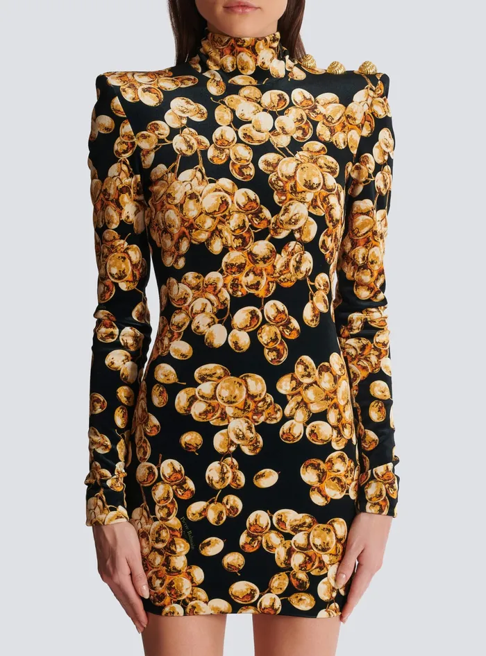 Balmain Dresses Women Short Velvet Dress With Grape Print Gold