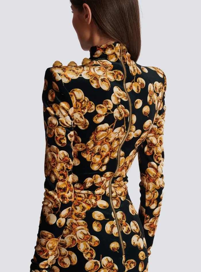 Balmain Dresses Women Short Velvet Dress With Grape Print Gold