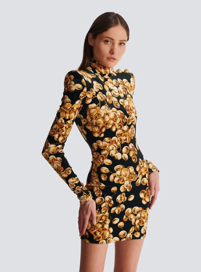Balmain Dresses Women Short Velvet Dress With Grape Print Gold
