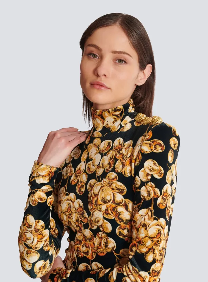 Balmain Dresses Women Short Velvet Dress With Grape Print Gold