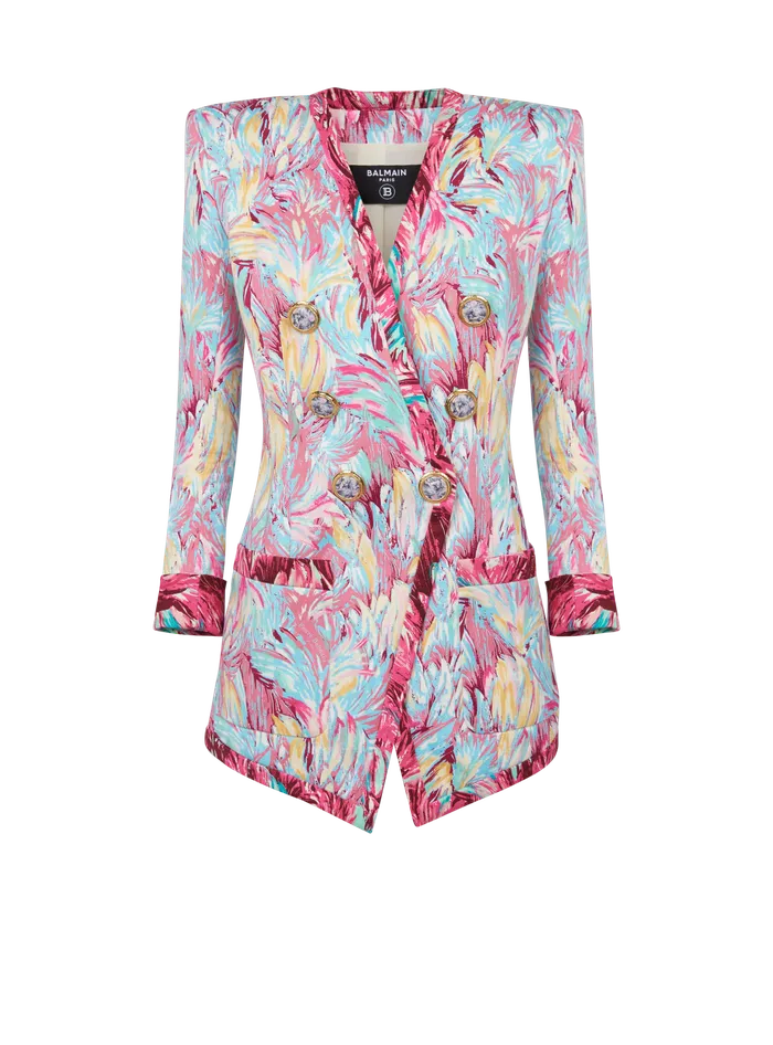 Balmain Jackets And Blazers Women Long 6button Jacket With Feather Print Multicolor