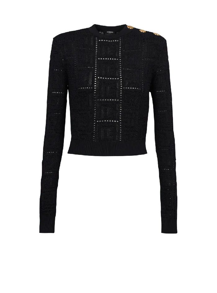 Balmain Knitwear Women Cropped Ecodesigned Sweater With Monogram Black