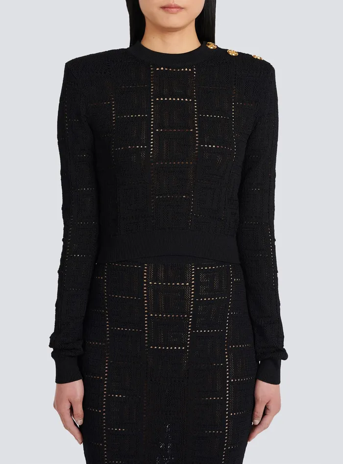 Balmain Knitwear Women Cropped Ecodesigned Sweater With Monogram Black
