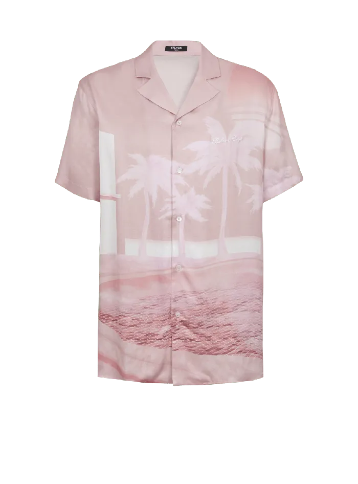 Balmain Shirts And Polos Men Shortsleeved Twill Shirt With Postcard Print Pink