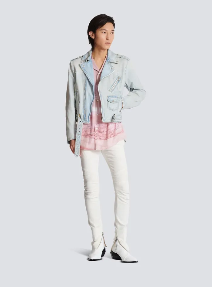 Balmain Shirts And Polos Men Shortsleeved Twill Shirt With Postcard Print Pink