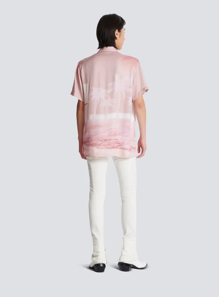 Balmain Shirts And Polos Men Shortsleeved Twill Shirt With Postcard Print Pink