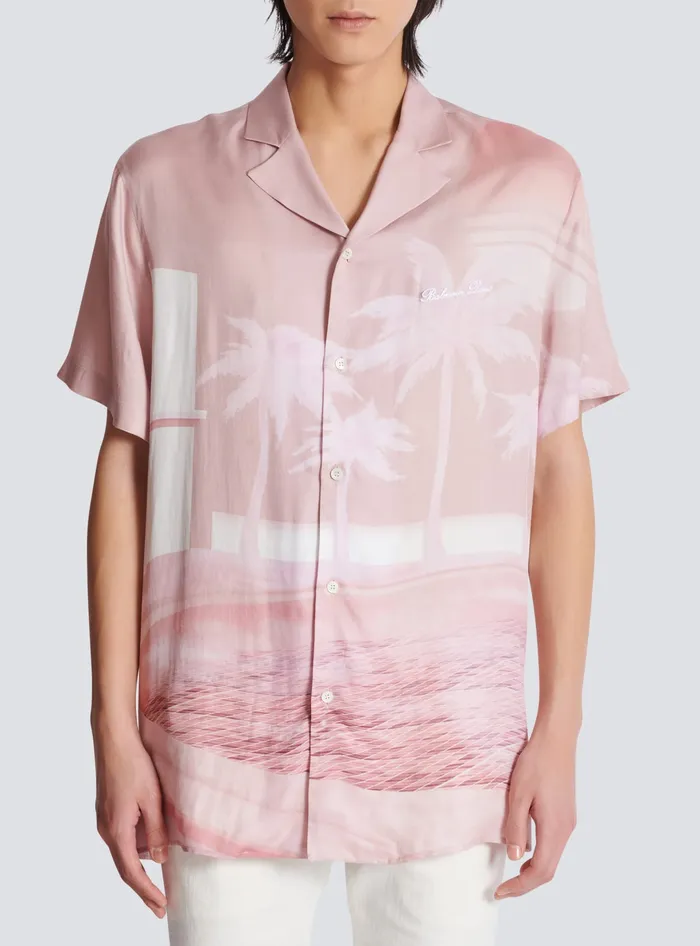 Balmain Shirts And Polos Men Shortsleeved Twill Shirt With Postcard Print Pink