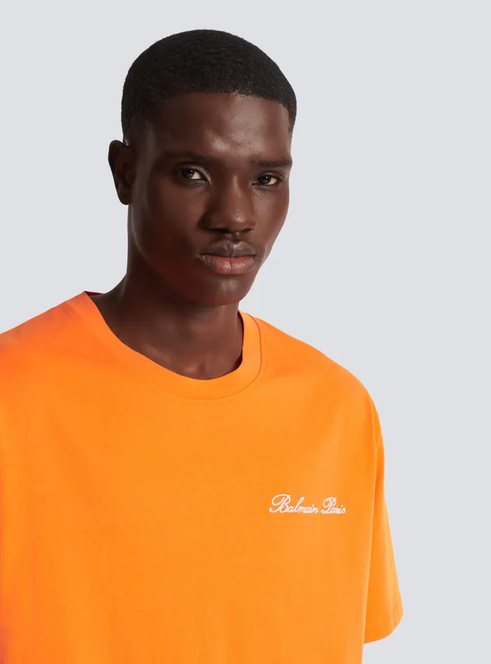 Balmain Sportswear Men Relaxed Tshirt With Signature Embroidery Orange