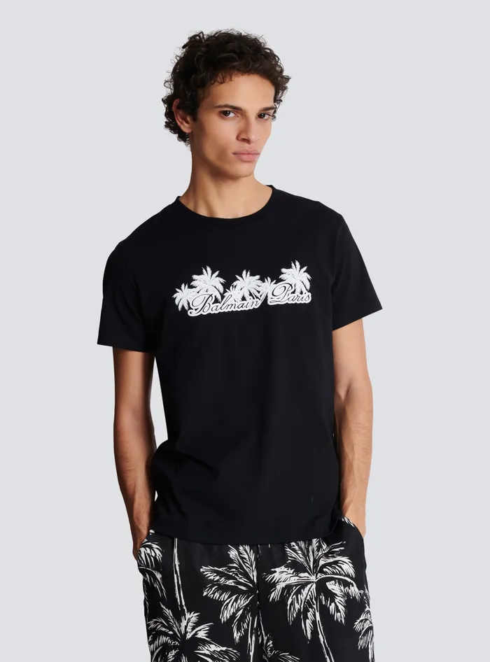 Balmain TShirts Men Tshirt With Palm Tree Signature Print Black