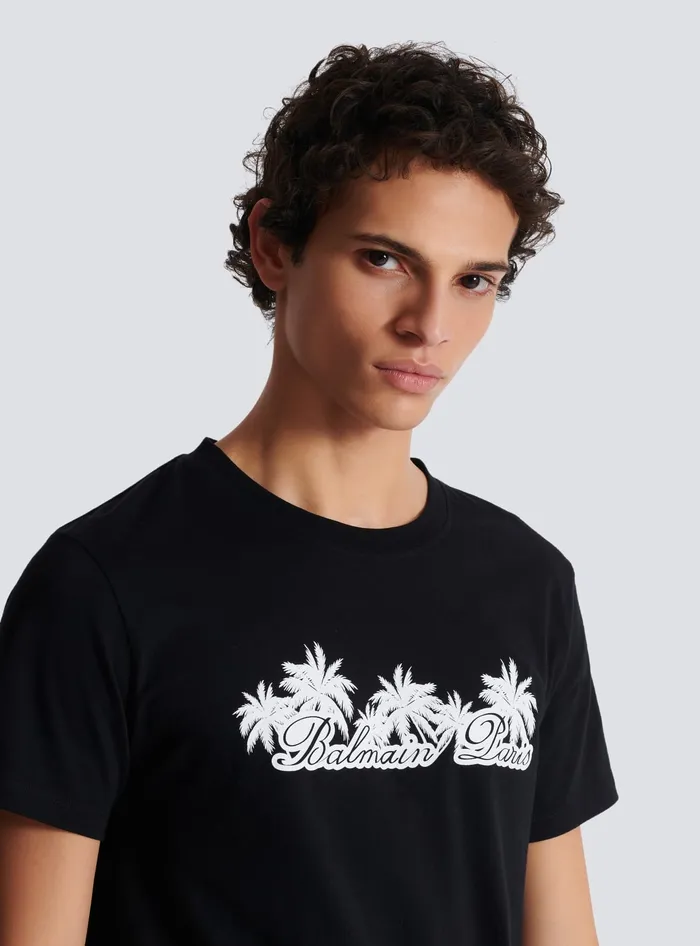 Balmain TShirts Men Tshirt With Palm Tree Signature Print Black