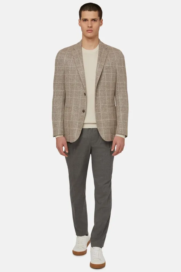 Blazers Men Boggi Milano Dove Grey Checked LinenCotton B Jersey Jacket Taupe