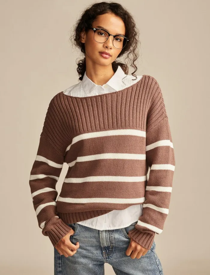 Boatneck Pullover Sweater Deep Taupe Stripe Women Lucky Brand Sweaters and Sweatshirts Boatneck Pullover Sweater Deep Taupe Stripe Women Lucky Brand Sweaters and Sweatshirts