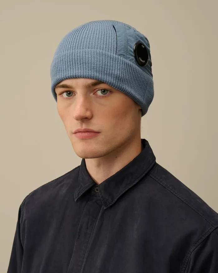 CP Company Hats Extrafine Merino Wool Lens Beanie Flint Stone Blue 8211 Man