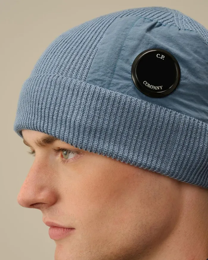 CP Company Hats Extrafine Merino Wool Lens Beanie Flint Stone Blue 8211 Man