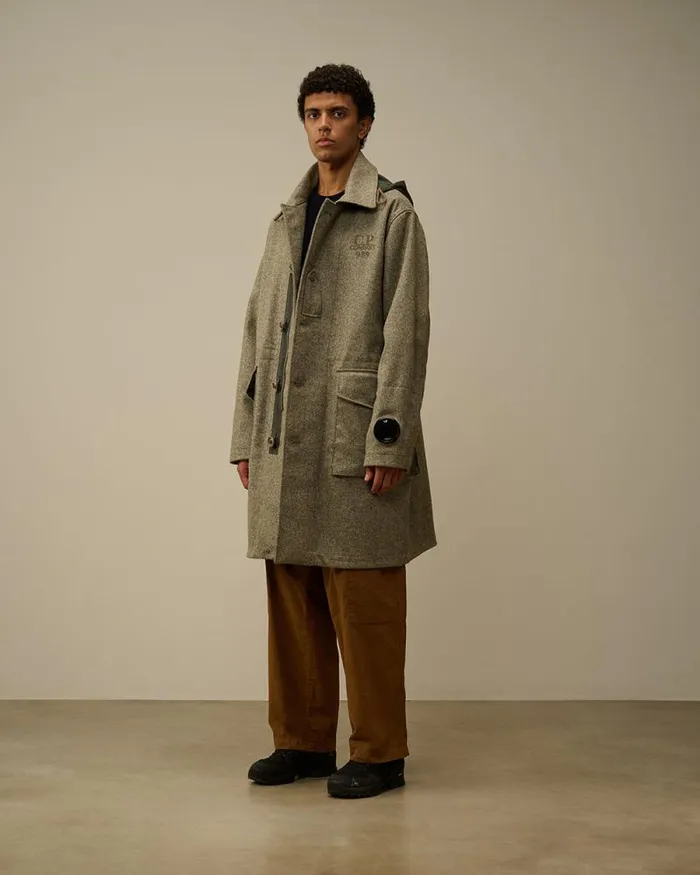 CP Company Jacket and Coats Shetland Twill Hooded Car Coat Forest Melange Grey 8211 Man