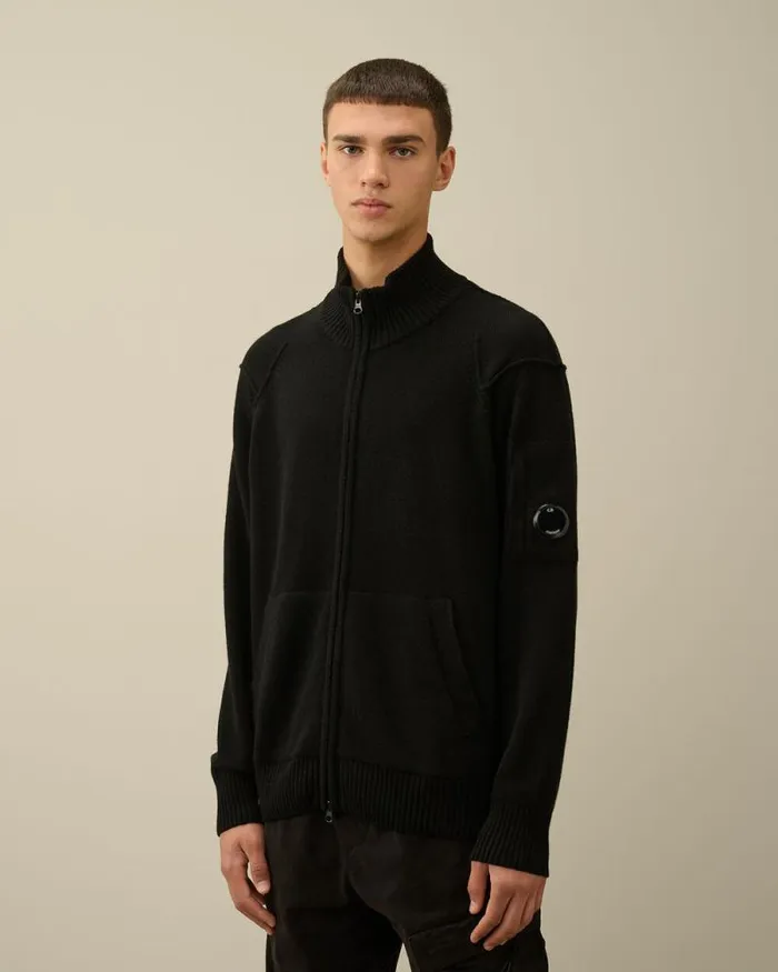CP Company Jumpers Lambswool GRS Zipped Cardigan Black 8211 Man