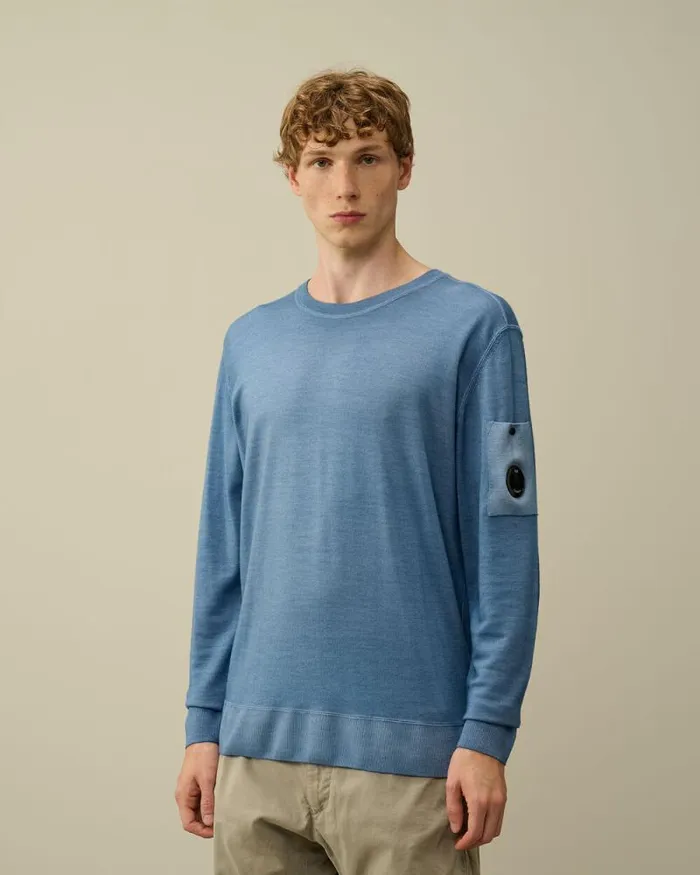 CP Company Jumpers Merino Wool Fast Dyed Crew Neck Knit Flint Stone Blue 8211 Man