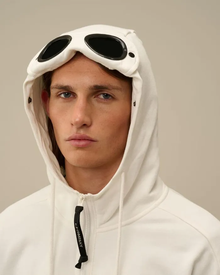 CP Company Sweatshirts Diagonal Raised Fleece Goggle Zipped Hooded Sweatshirt Gauze White 8211 Man