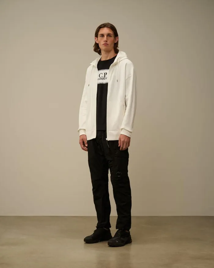 CP Company Sweatshirts Diagonal Raised Fleece Goggle Zipped Hooded Sweatshirt Gauze White 8211 Man
