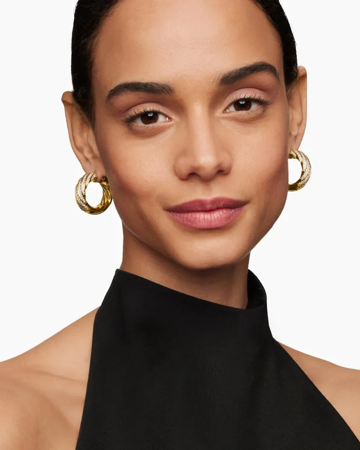 Cable Edge Hoop Earrings In 18K Yellow Gold With Diamonds 289mm Women David Yurman Hoop Cable Edge Hoop Earrings In 18K Yellow Gold With Diamonds 289mm Women David Yurman Hoop