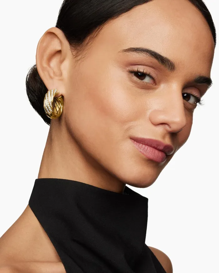 Cable Edge Hoop Earrings In 18K Yellow Gold With Diamonds 289mm Women David Yurman Hoop Cable Edge Hoop Earrings In 18K Yellow Gold With Diamonds 289mm Women David Yurman Hoop