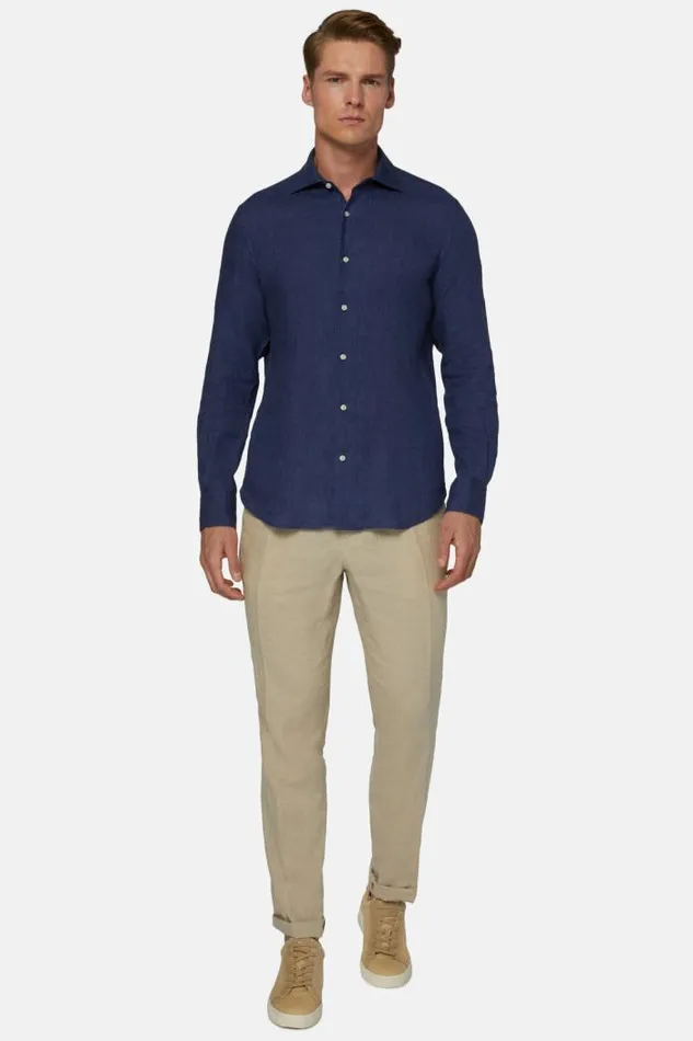 Casual Shirts Men Boggi Milano Regular Fit Navy Blue Linen Shirt Navy Blue