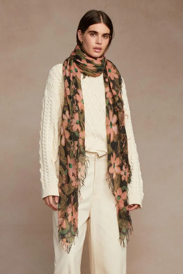 Chan Luu Scarves Women Cashmere And Silk Scarf Vibrant Green Meadow Floral