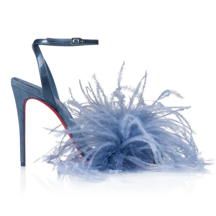Christian Louboutin Sandals and Slides Women Loubipoupi 100 Mm Strappy Sandals 8211 Denim And Feathers 8211 Blue