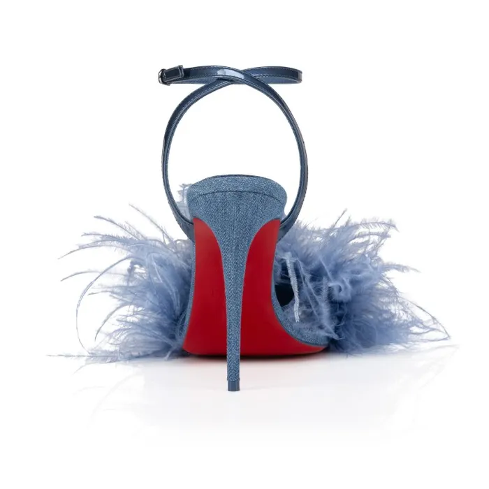 Christian Louboutin Sandals and Slides Women Loubipoupi 100 Mm Strappy Sandals 8211 Denim And Feathers 8211 Blue