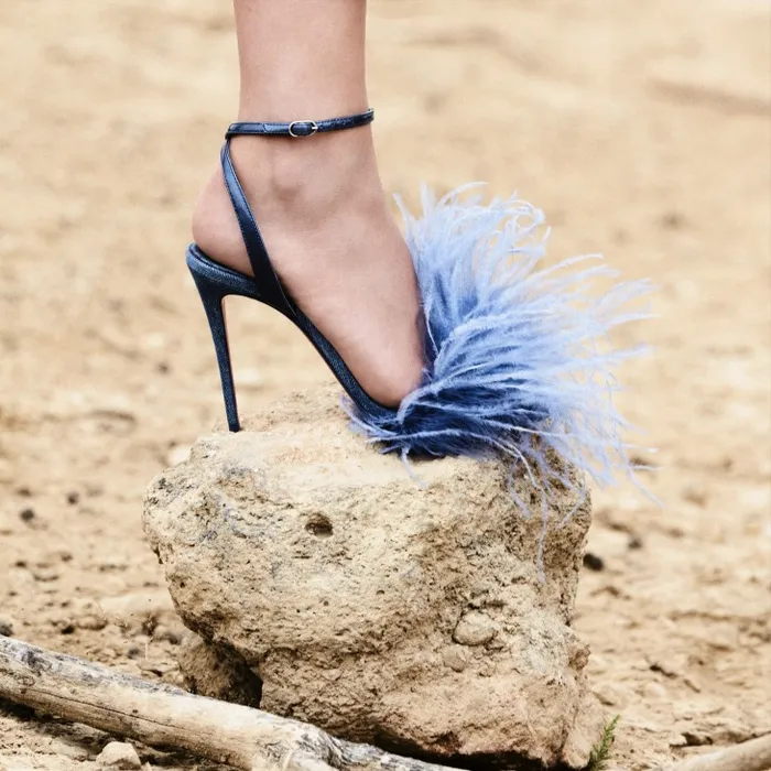 Christian Louboutin Sandals and Slides Women Loubipoupi 100 Mm Strappy Sandals 8211 Denim And Feathers 8211 Blue