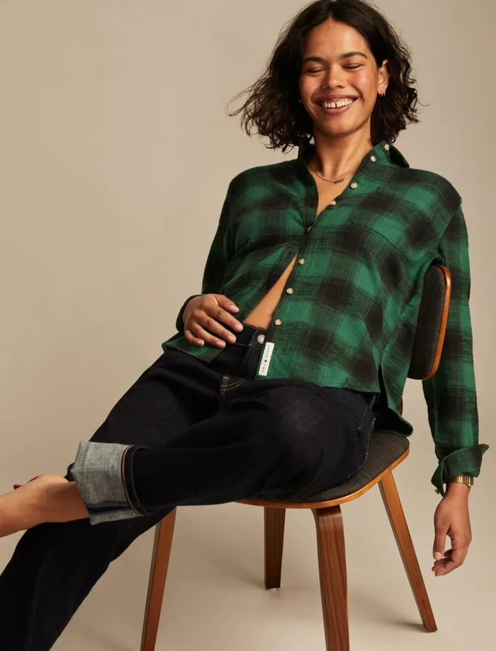Clyde Plaid Boyfriend Buttondown Shirt Green Plaid Women Lucky Brand Blouses