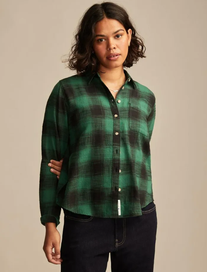 Clyde Plaid Boyfriend Buttondown Shirt Green Plaid Women Lucky Brand Blouses