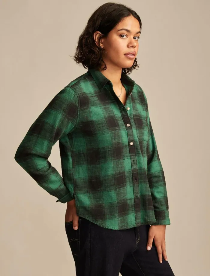 Clyde Plaid Boyfriend Buttondown Shirt Green Plaid Women Lucky Brand Blouses