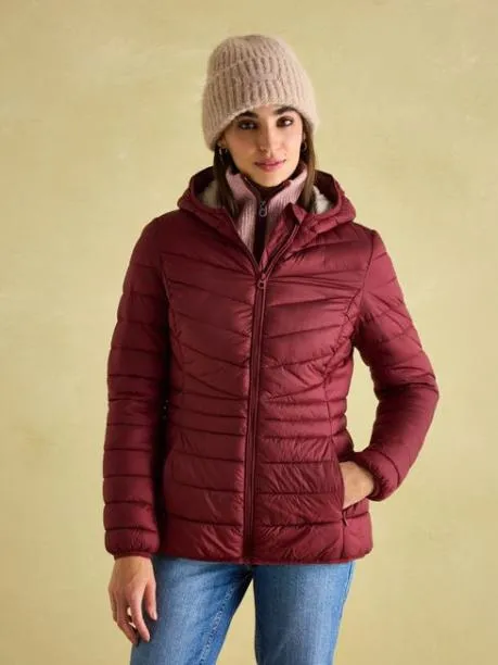 Coats and Jackets Women Joules Dark Red Showerproof Padded Coat With Hood