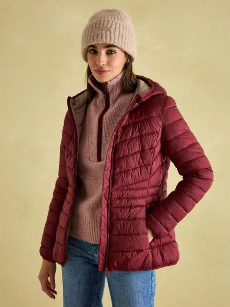 Coats and Jackets Women Joules Dark Red Showerproof Padded Coat With Hood