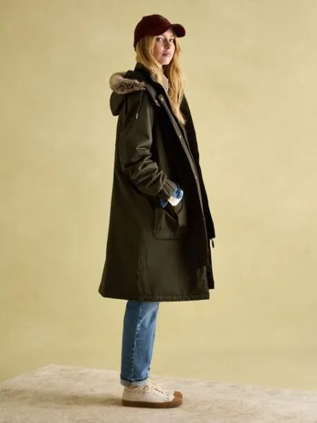 Coats and Jackets Women Joules Khaki Green Waterproof Fleece Lined Raincoat With Faux Fur Hood