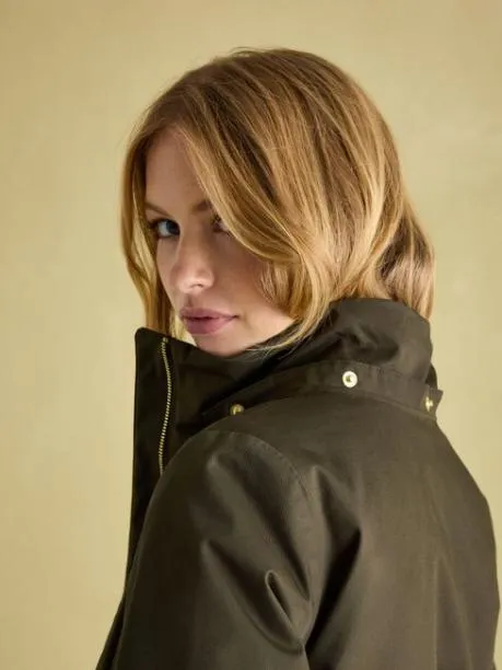 Coats and Jackets Women Joules Khaki Green Waterproof Fleece Lined Raincoat With Faux Fur Hood