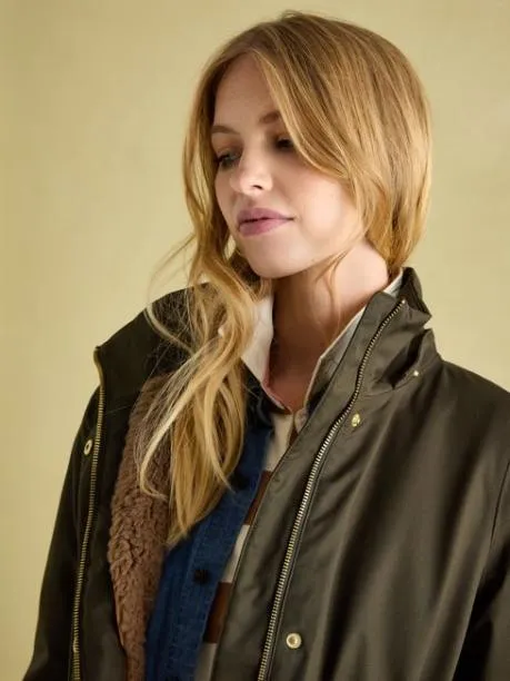 Coats and Jackets Women Joules Khaki Green Waterproof Fleece Lined Raincoat With Faux Fur Hood