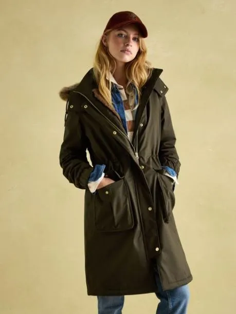 Coats and Jackets Women Joules Khaki Green Waterproof Fleece Lined Raincoat With Faux Fur Hood