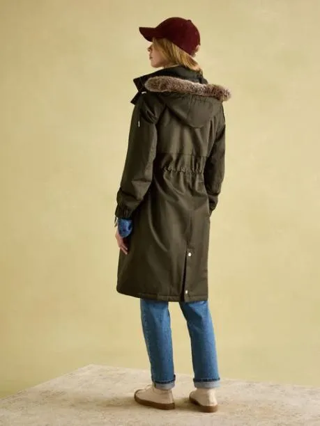 Coats and Jackets Women Joules Khaki Green Waterproof Fleece Lined Raincoat With Faux Fur Hood