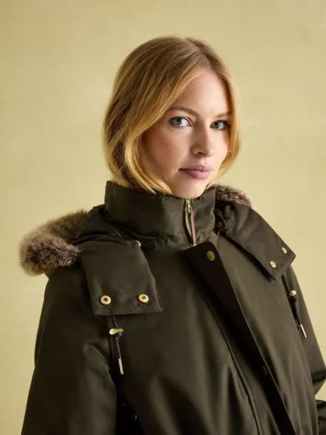 Coats and Jackets Women Joules Khaki Green Waterproof Fleece Lined Raincoat With Faux Fur Hood