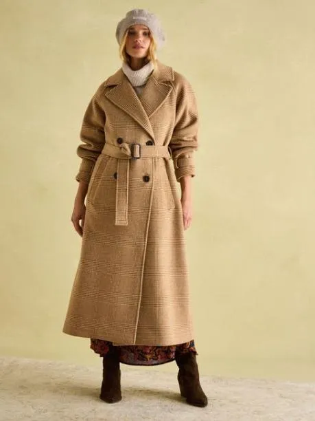 Coats and Jackets Women Joules Tan Brown Longline Wool Blend Coat With Belt