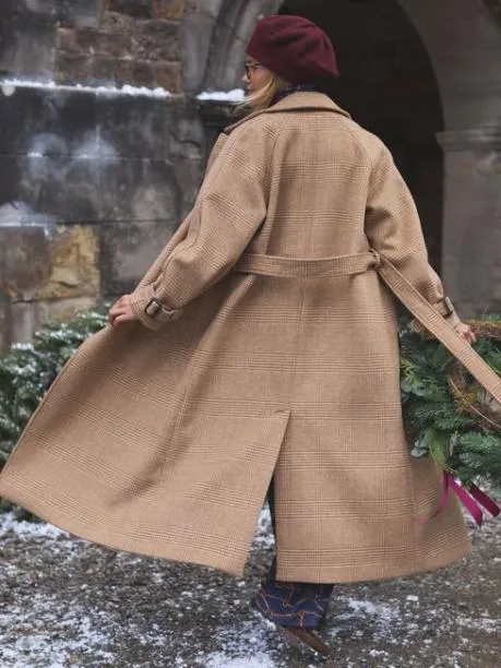 Coats and Jackets Women Joules Tan Brown Longline Wool Blend Coat With Belt